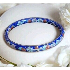 VTG Cobalt Blue Floral Flowers Gold Tone Inlay Cloisonne Enamel Bracelet Bangle